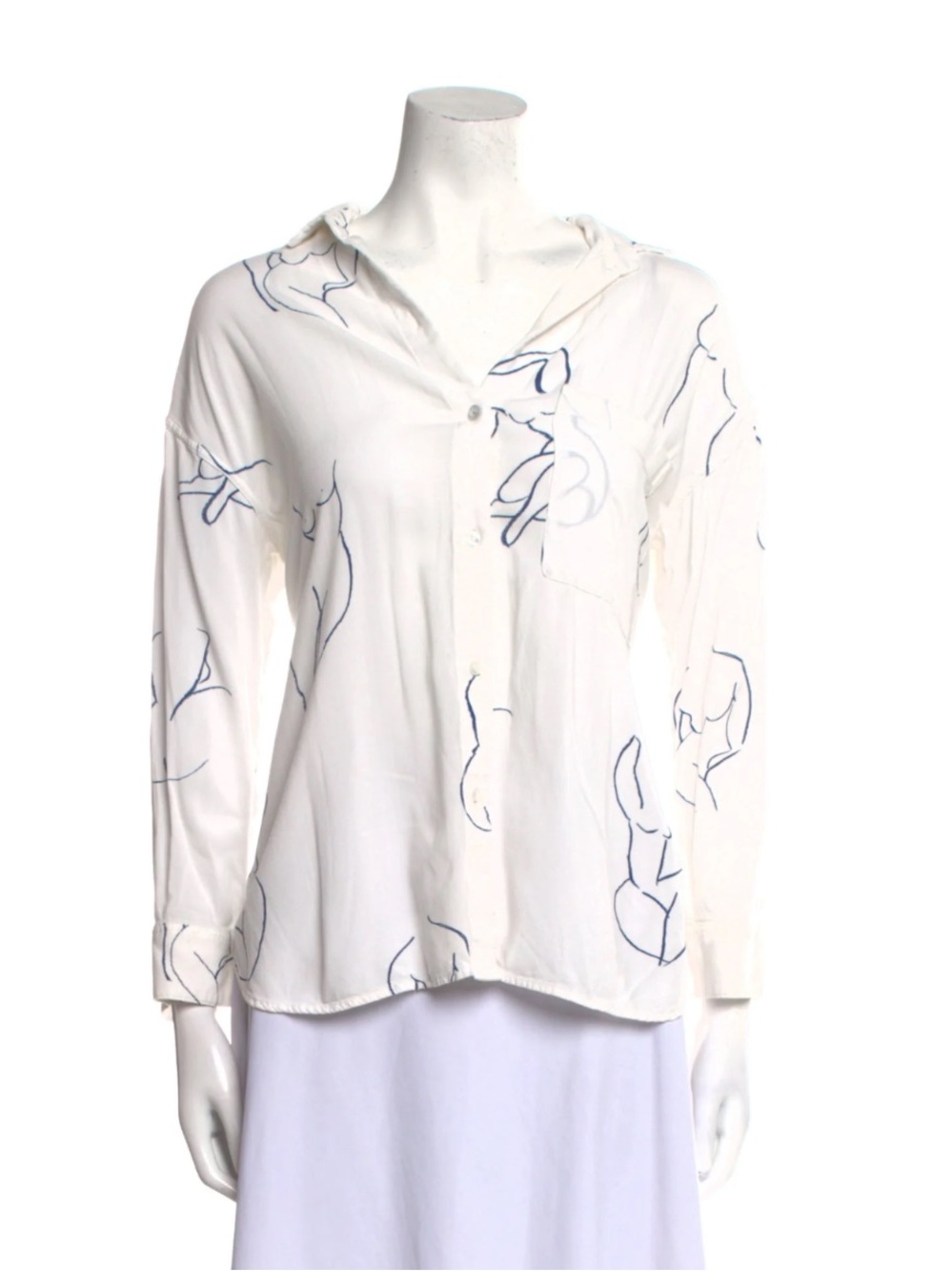 NWT PALOMA WOOL WOMENS LEANDRA BUTTON-UP BLOUSE, SIZE OS (MEDIUM), WHITE/BLUE - Picture 4 of 14